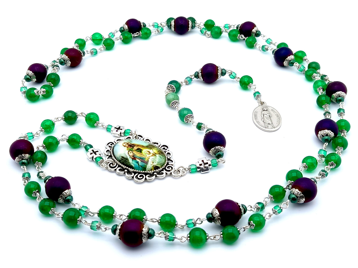 Saint Joseph unique rosary beads prayer chaplet with green agate gemstone and purple glass beads, silver picture centre medal.