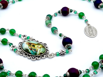 Saint Joseph unique rosary beads prayer chaplet with green agate gemstone and purple glass beads, silver picture centre medal.