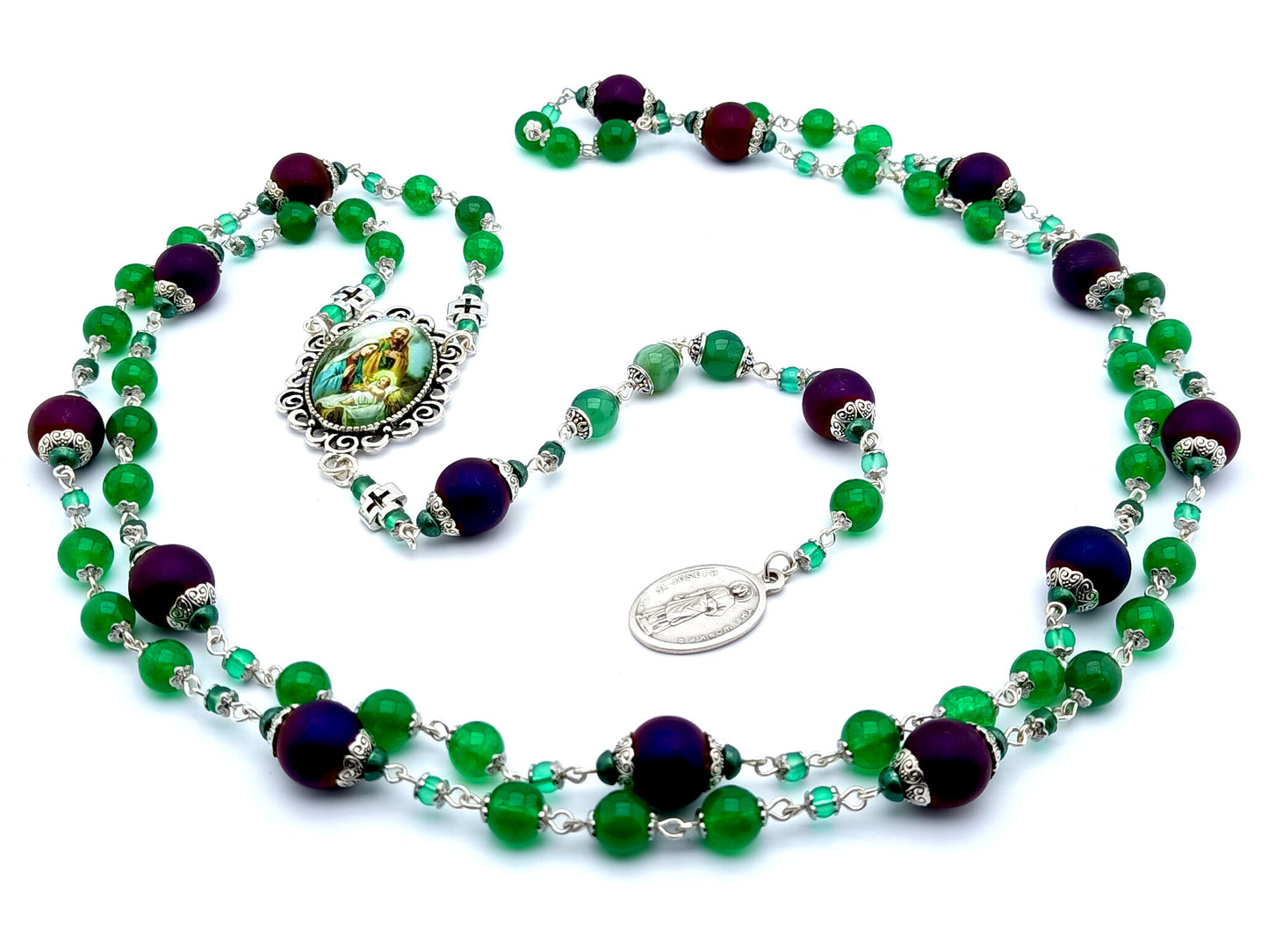 Saint Joseph unique rosary beads prayer chaplet with green agate gemstone and purple glass beads, silver picture centre medal.