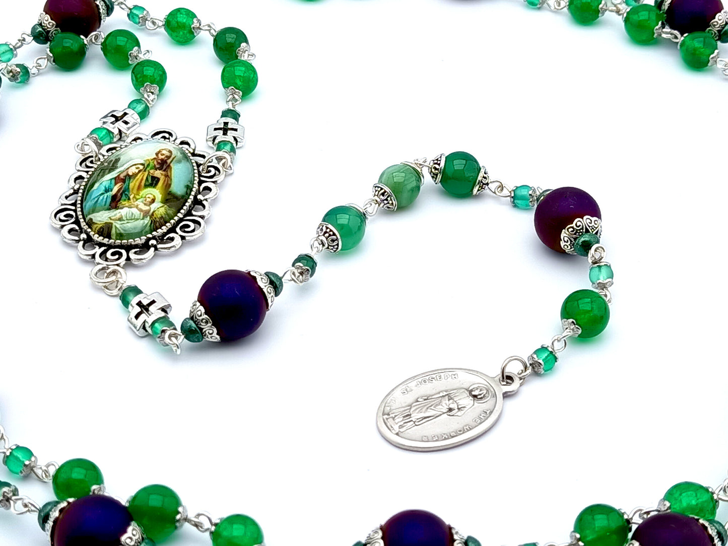 Saint Joseph unique rosary beads prayer chaplet with green agate gemstone and purple glass beads, silver picture centre medal.