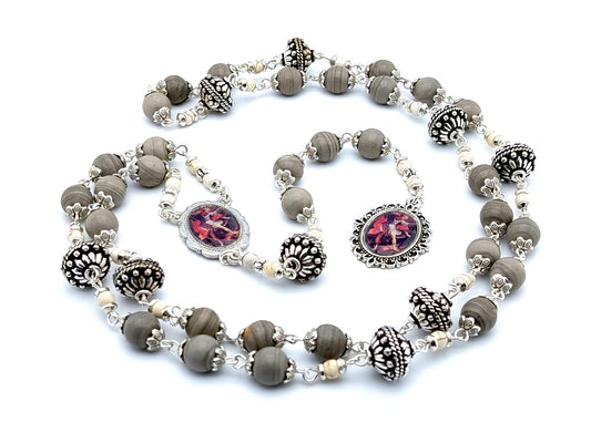 Saint Michael unique rosary beads prayer chaplet with grey jasper, howlite and silver beads, silver picture centre and end medals.