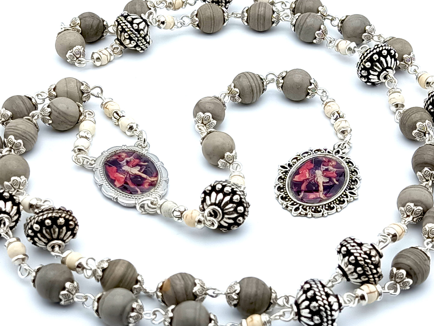 Saint Michael unique rosary beads prayer chaplet with grey jasper, howlite and silver beads, silver picture centre and end medals.