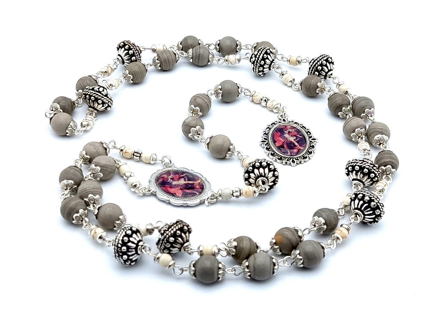 Saint Michael unique rosary beads prayer chaplet with grey jasper, howlite and silver beads, silver picture centre and end medals.