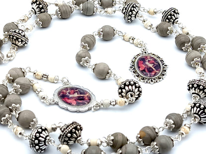 Saint Michael unique rosary beads prayer chaplet with grey jasper, howlite and silver beads, silver picture centre and end medals.