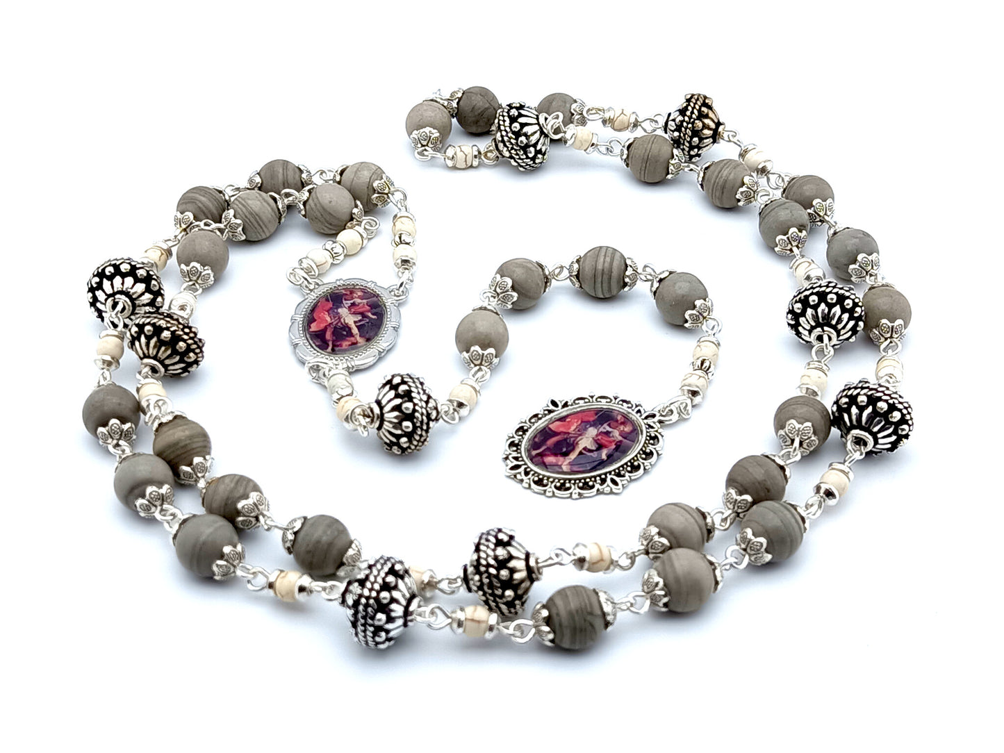 Saint Michael unique rosary beads prayer chaplet with grey jasper, howlite and silver beads, silver picture centre and end medals.