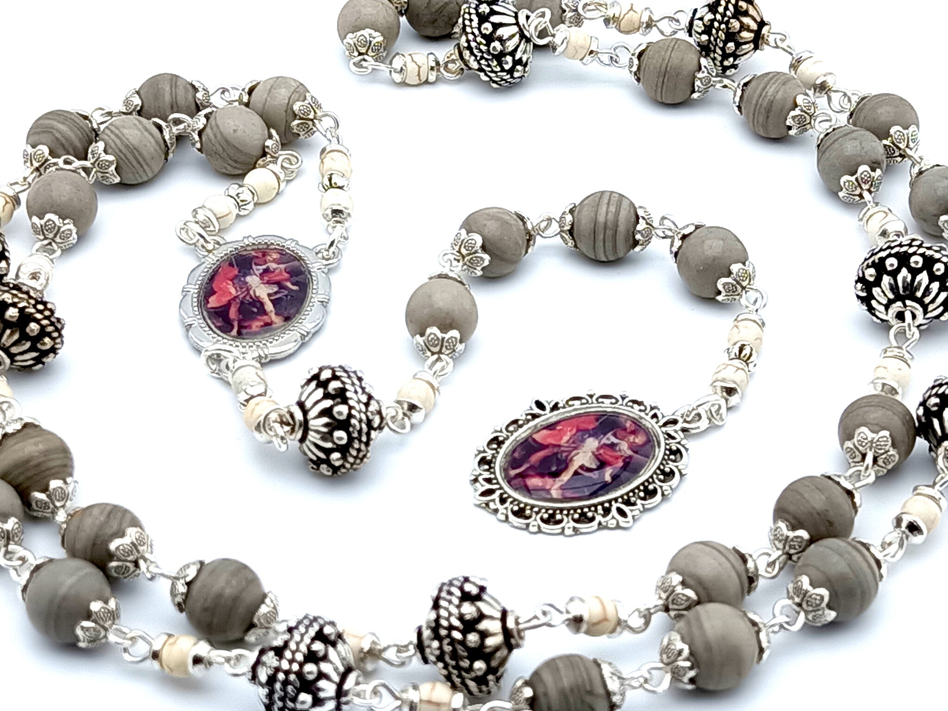 Saint Michael unique rosary beads prayer chaplet with grey jasper, howlite and silver beads, silver picture centre and end medals.