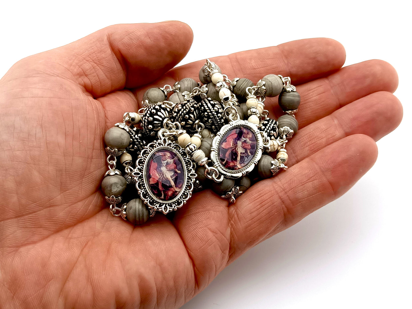 Saint Michael unique rosary beads prayer chaplet with grey jasper, howlite and silver beads, silver picture centre and end medals.