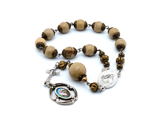 Saint Anthony unique rosary beads prayer chaplet with beige jasper gemstone beads, silver Saint Benedict crucifix and Saint Anthony relic medal.