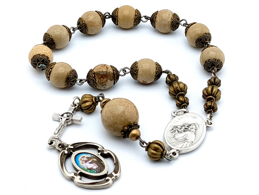 Saint Anthony unique rosary beads prayer chaplet with beige jasper gemstone beads, silver Saint Benedict crucifix and Saint Anthony relic medal.