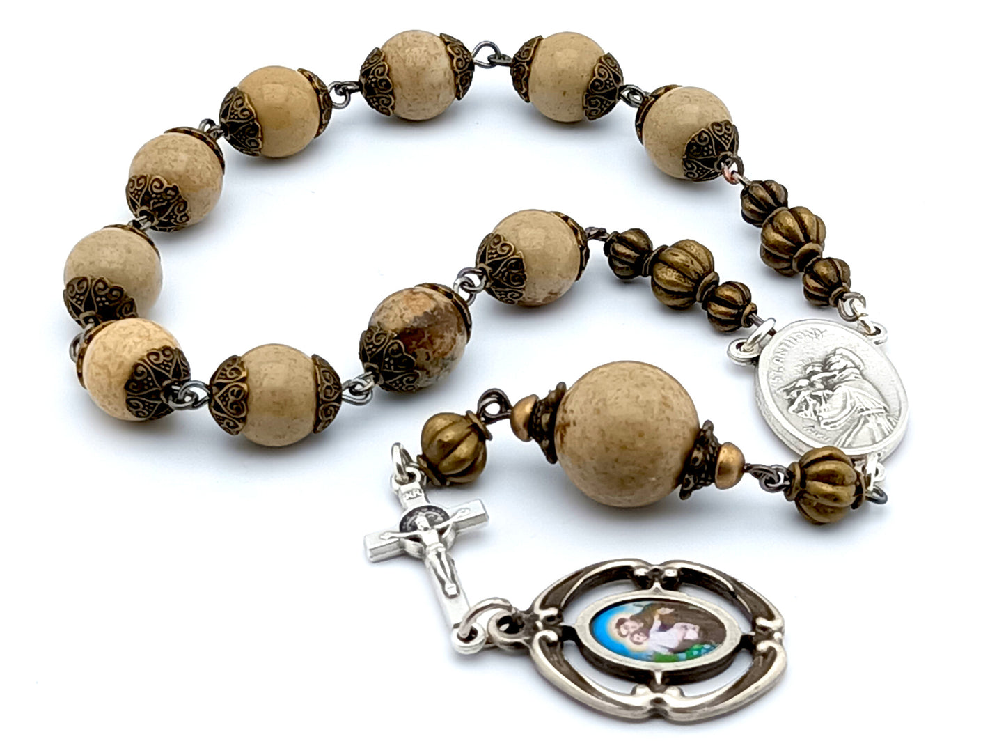 Saint Anthony unique rosary beads prayer chaplet with beige jasper gemstone beads, silver Saint Benedict crucifix and Saint Anthony relic medal.