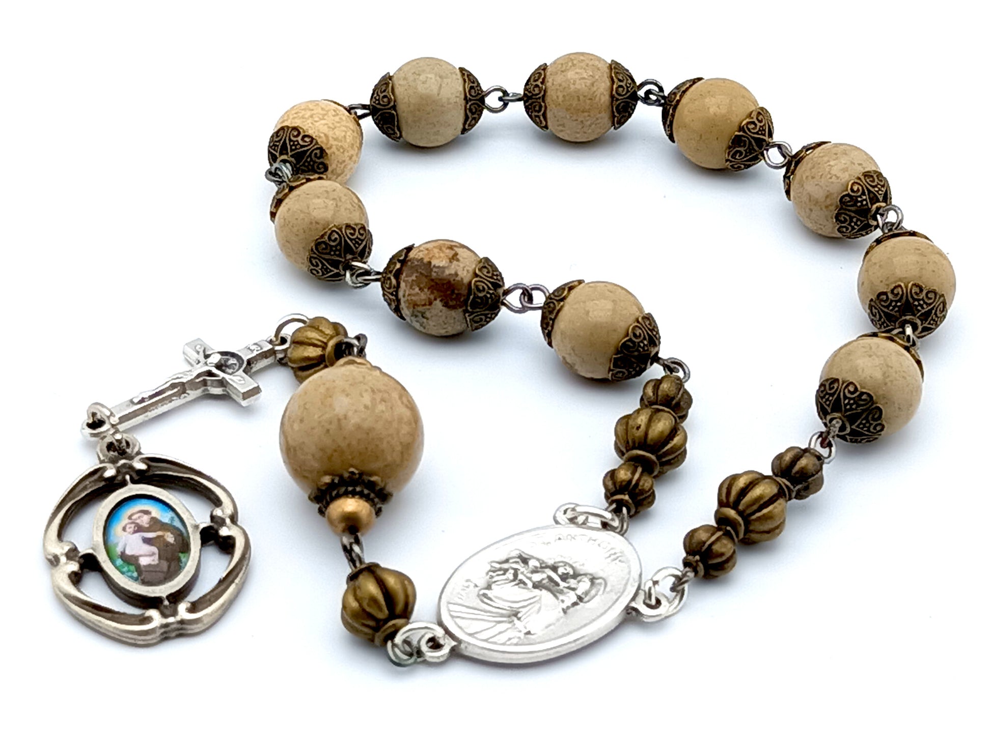 Saint Anthony unique rosary beads prayer chaplet with beige jasper gemstone beads, silver Saint Benedict crucifix and Saint Anthony relic medal.