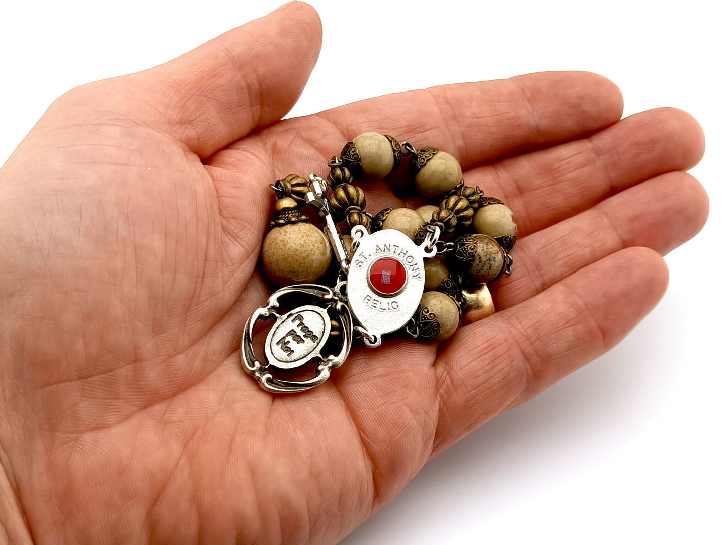 Saint Anthony unique rosary beads prayer chaplet with beige jasper gemstone beads, silver Saint Benedict crucifix and Saint Anthony relic medal.