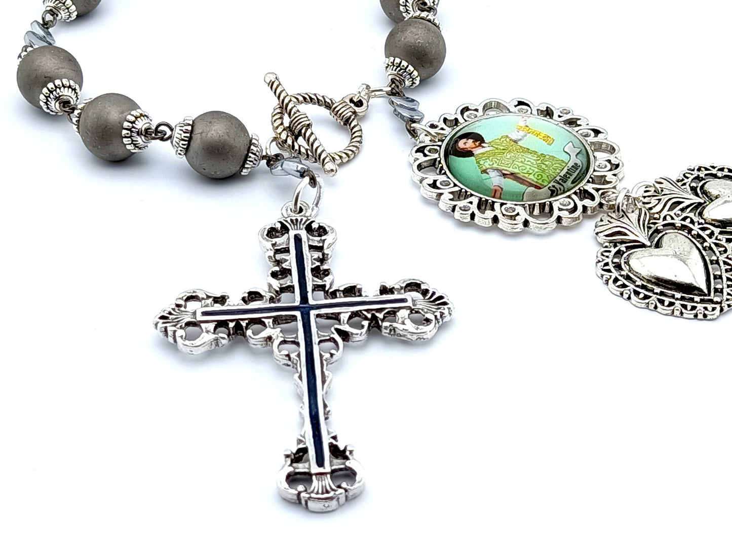 Saint Valentine unique rosary beads prayer chaplet with silver glass beads, silver cross, picture medal and two hearts medals.