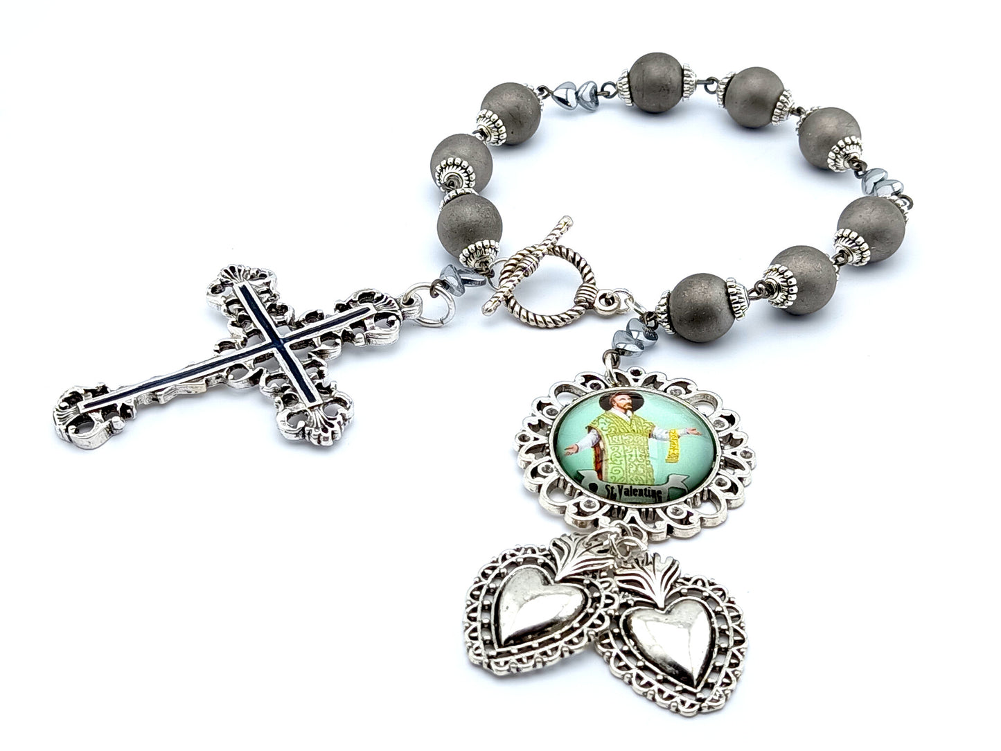 Saint Valentine unique rosary beads prayer chaplet with silver glass beads, silver cross, picture medal and two hearts medals.