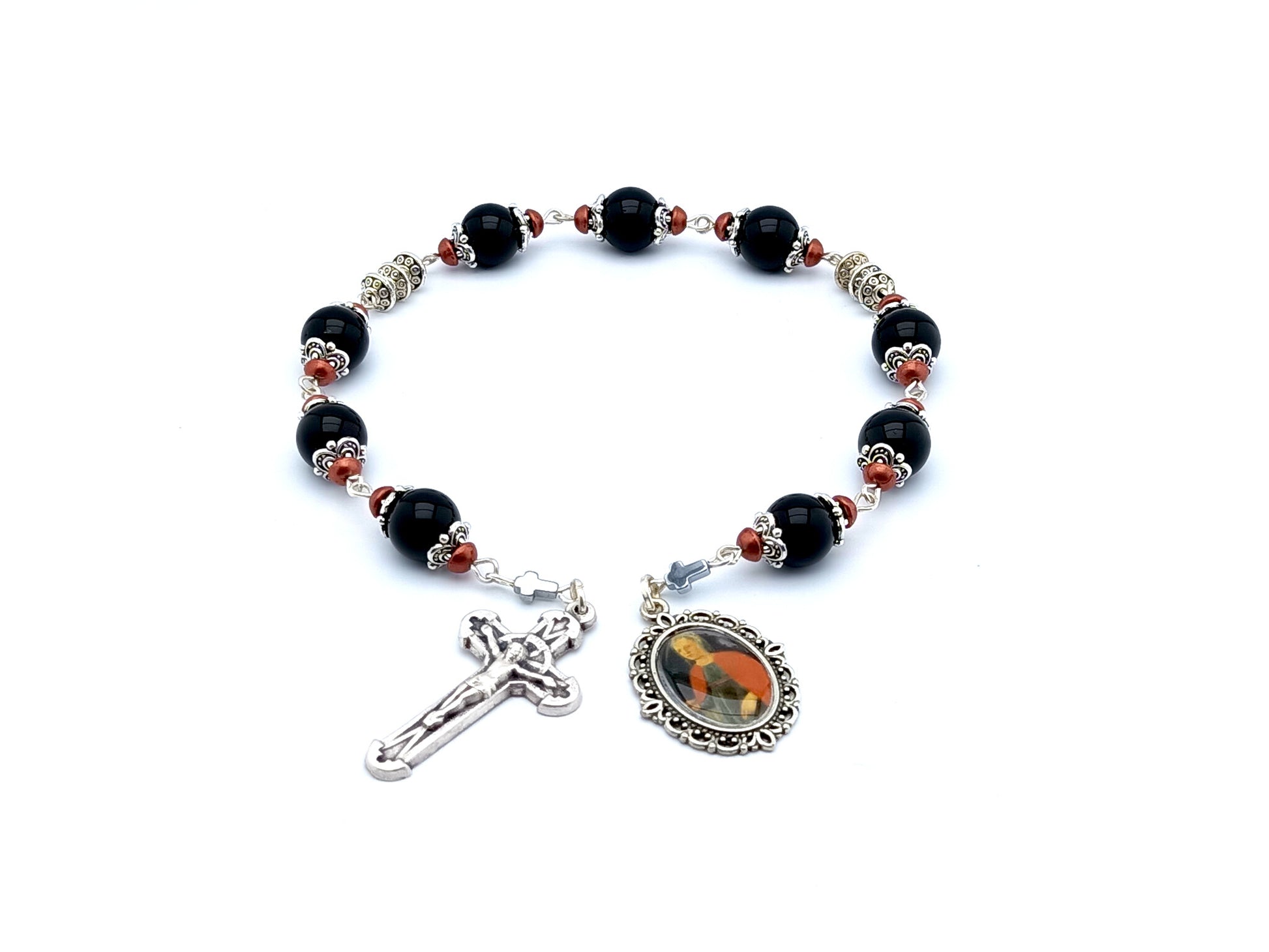 Saint Agatha unique rosary beads prayer chaplet with onyx gemstone beads, small silver crucifix and picture medal.