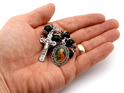 Saint Agatha unique rosary beads prayer chaplet with onyx gemstone beads, small silver crucifix and picture medal.
