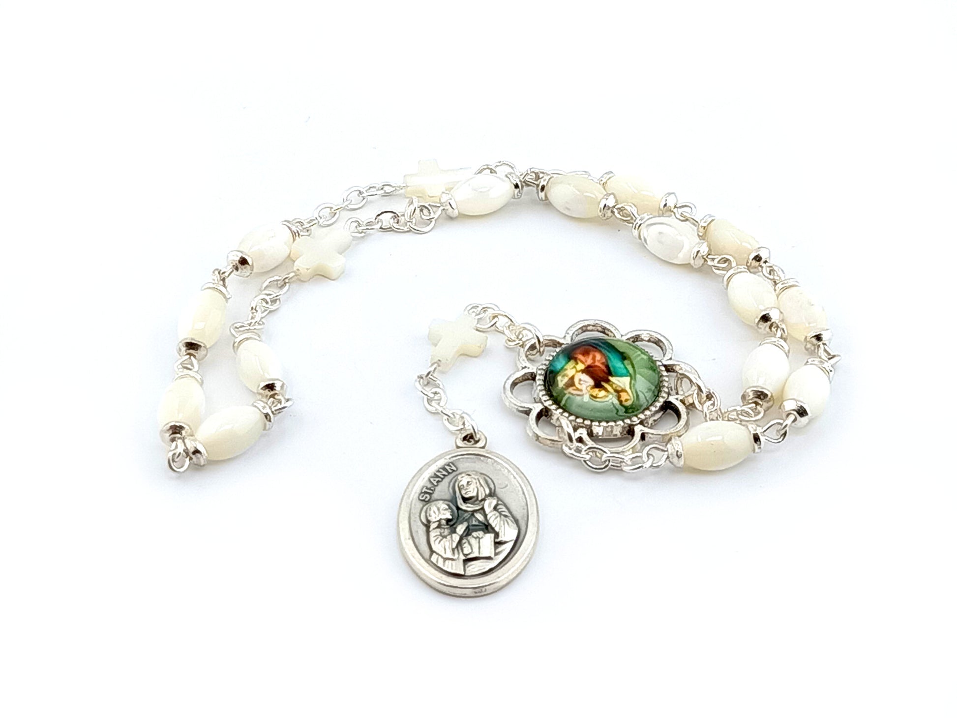 Saint Anne unique rosary beads prayer chaplet with mother of pearl rice and cross beads and silver picture centre medal.