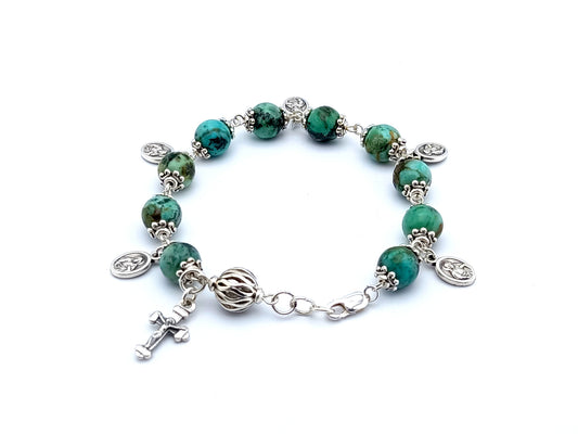 Our Lady of Mount Carmel unique rosary beads with jade and silver lattice beads, small silver double sided crucifix and medal.