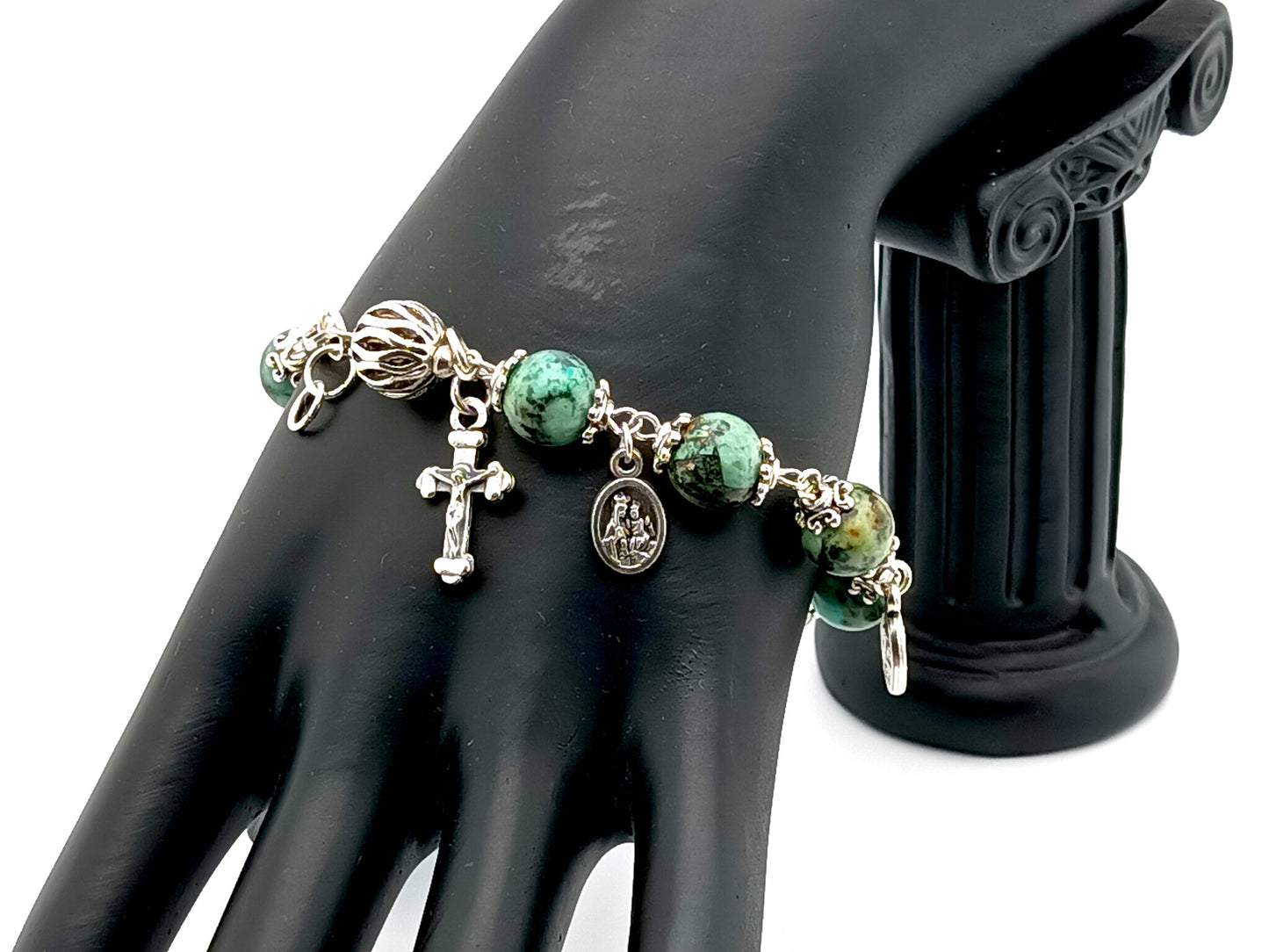 Our Lady of Mount Carmel unique rosary beads with jade and silver lattice beads, small silver double sided crucifix and medal.