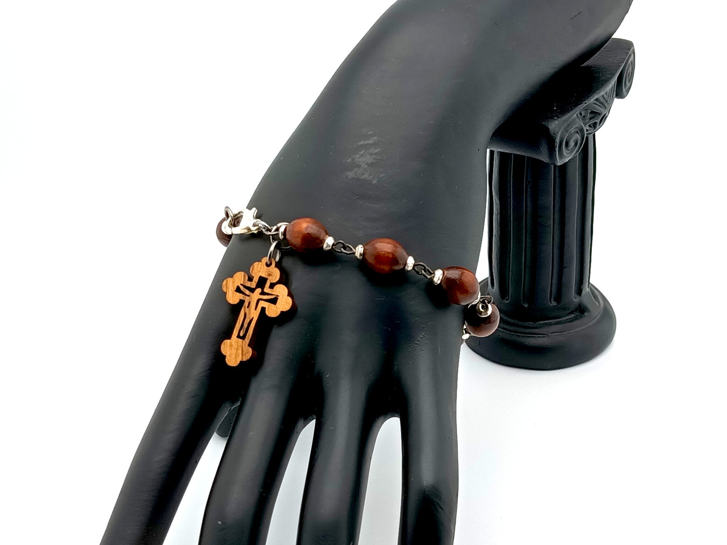 Jerusalem crucifix unique rosary beads single decade rosary bracelet with dark wood beads, olive wood crucifix and silver clasp.