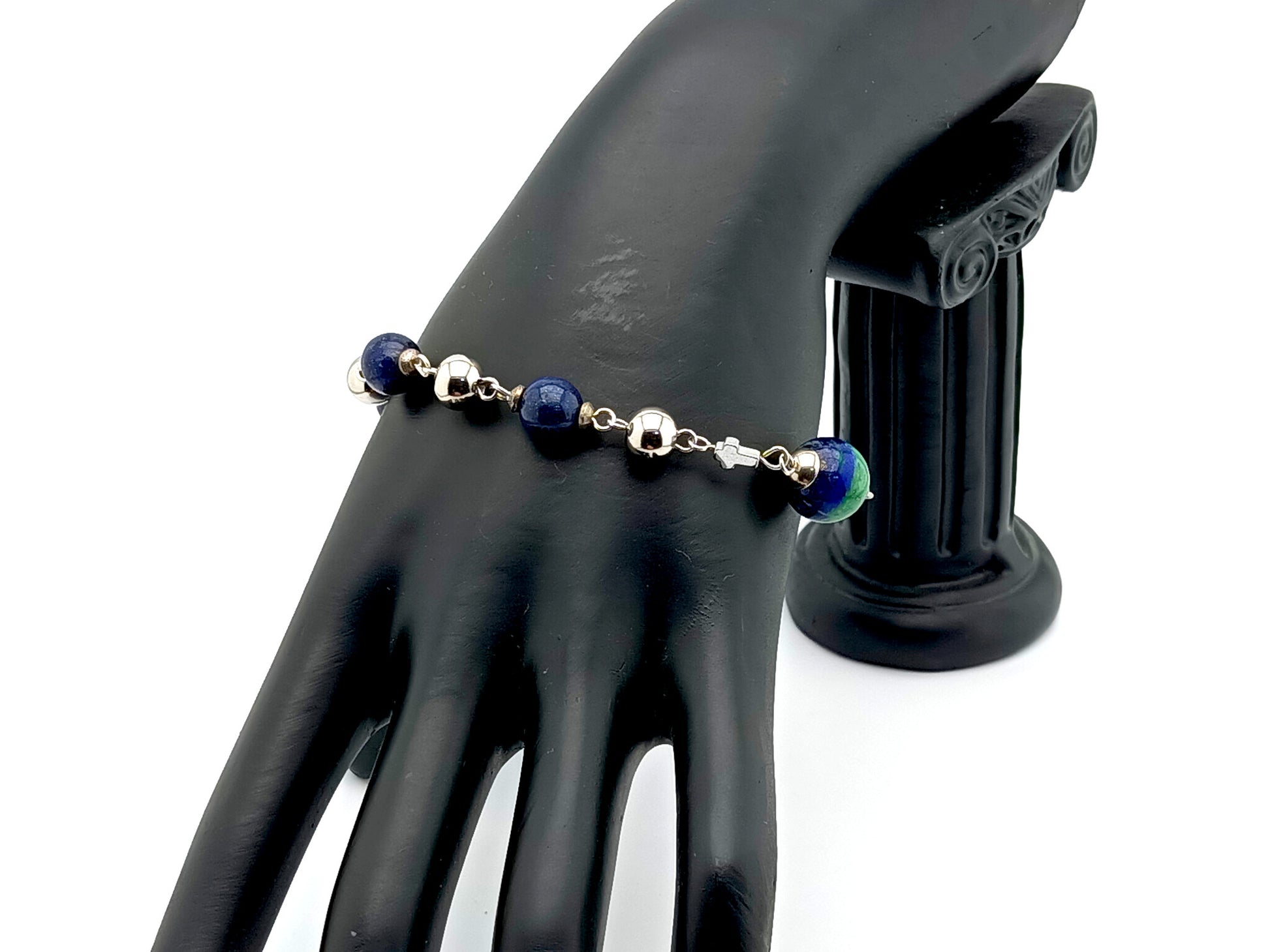 Stainless steel unique rosary beads single decade rosary bracelet with Lapis Lazuli beads, stainless steel lobster clasp and hematite cross.