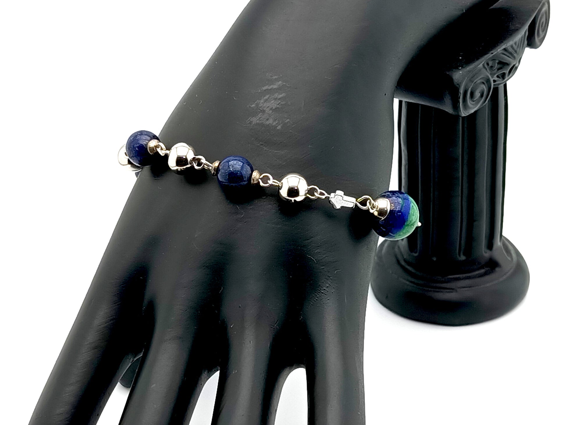 Stainless steel unique rosary beads single decade rosary bracelet with Lapis Lazuli beads, stainless steel lobster clasp and hematite cross.