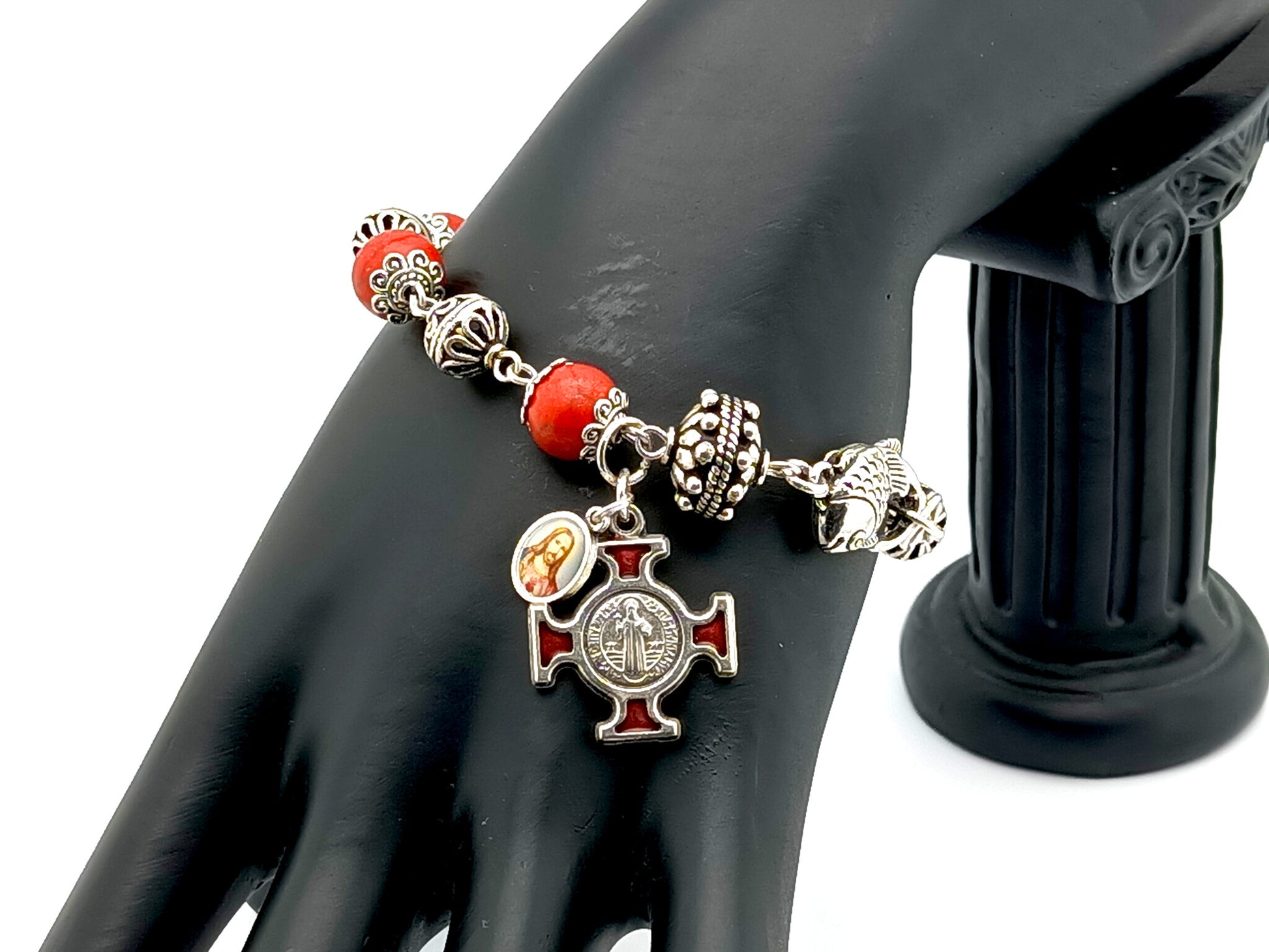 Saint Benedict unique rosary beads single decade rosary bracelet with red howlite and silver beads, red enamel cross and Sacred Heart medal.