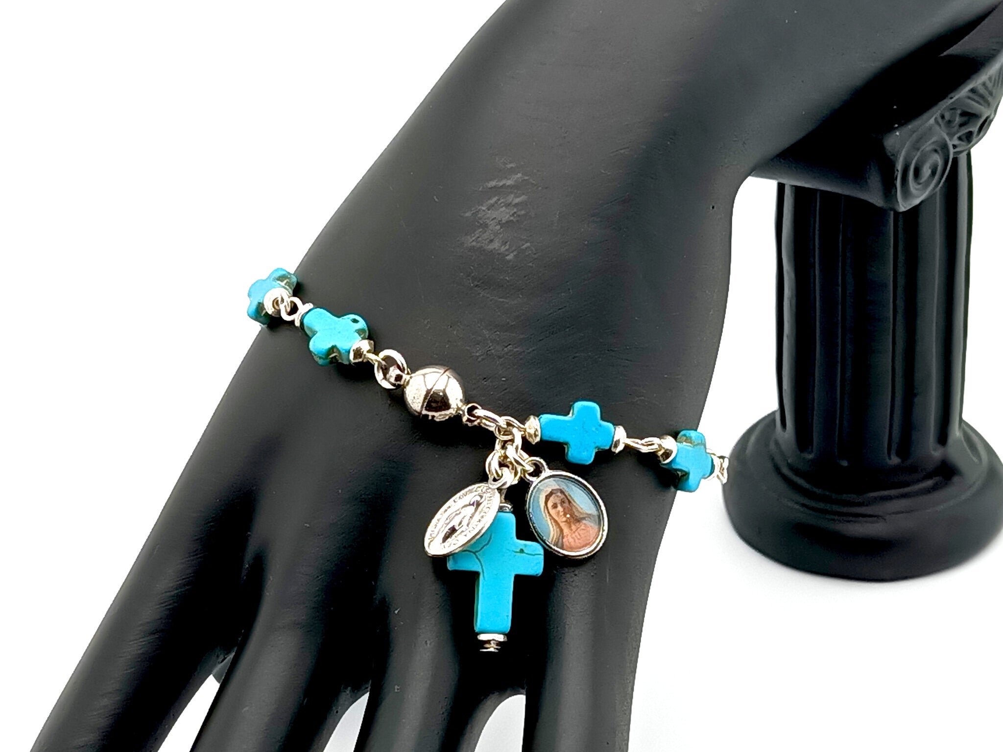 Marble Turquoise Beads Rosary Catholic Necklace Miraculous Medal