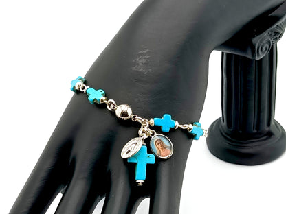 Miraculous Medal unique rosary beads single decade rosary bracelet with turquoise gemstone cross beads, Virgin Mary medal and magnetic clasp.