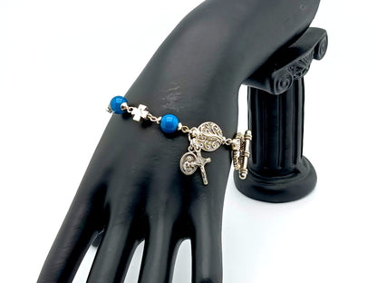 Our Lady of Mount Carmel unique rosary beads single decade rosary bracelet with blue agate gemstone and silver cross beads, Saint Benedict crucifix and toggle clasp.