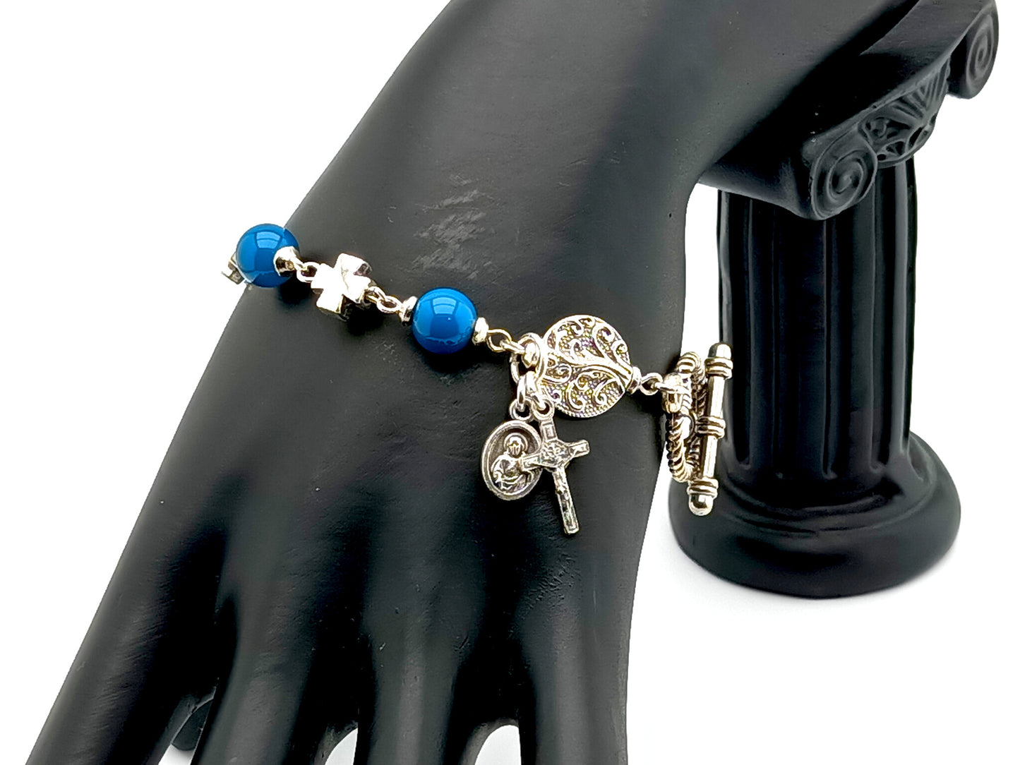 Our Lady of Mount Carmel unique rosary beads single decade rosary bracelet with blue agate gemstone and silver cross beads, Saint Benedict crucifix and toggle clasp.