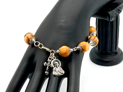 Sacred Heart unique rosary beads single decade rosary bracelet with wooden beads, silver crucifix medal and clasp.