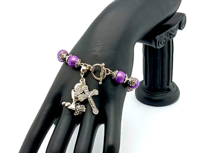 First Holy Communion unique rosary beads single decade rosary bracelet with purple illusion beads, silver crucifix and chalice medal.