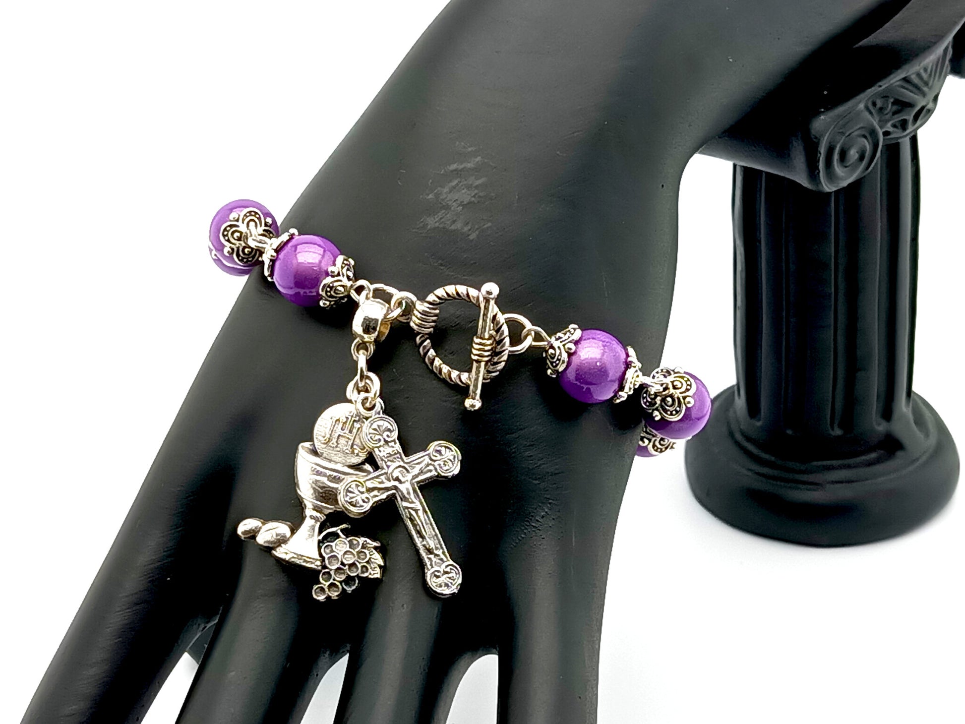 First Holy Communion unique rosary beads single decade rosary bracelet with purple illusion beads, silver crucifix and chalice medal.