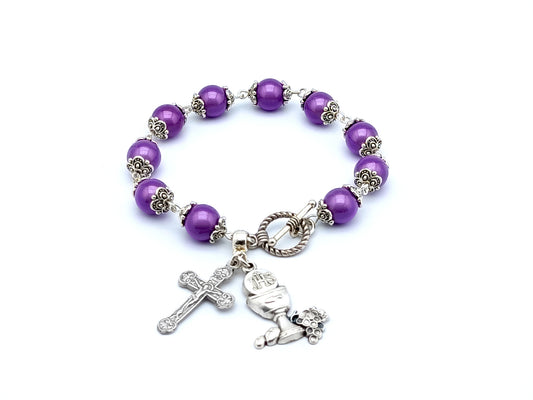 First Holy Communion unique rosary beads single decade rosary bracelet with purple illusion beads, silver crucifix and chalice medal.