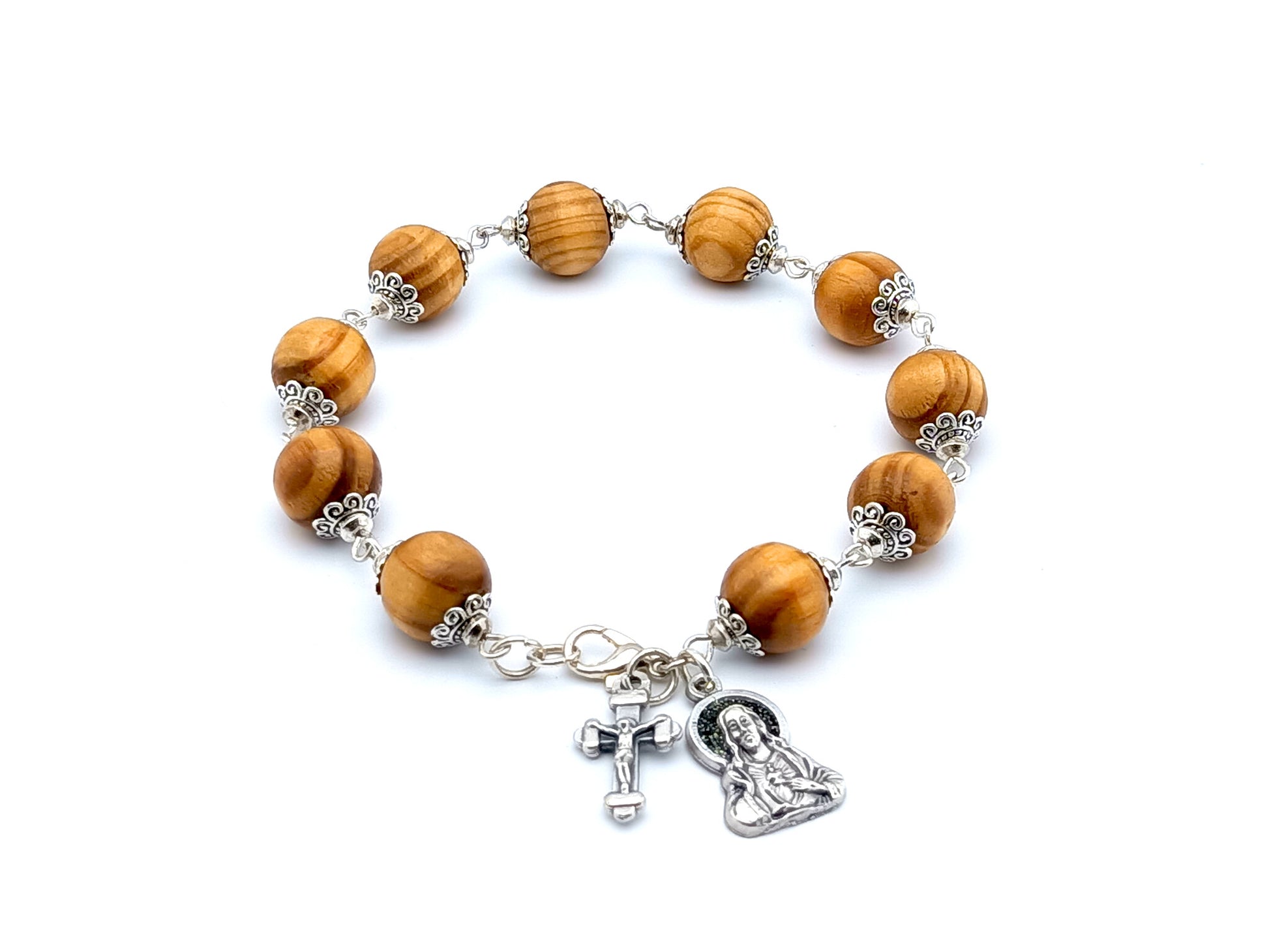 Sacred Heart unique rosary beads single decade rosary bracelet with wooden beads, silver crucifix medal and clasp.