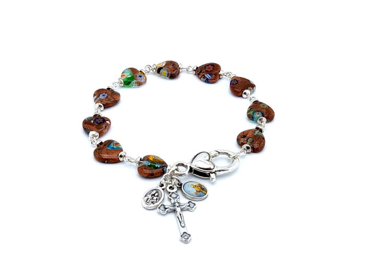 Our Lady of Mount Carmel unique rosary beads single decade rosary bracelet with millefleur glass beads, silver crucifix and lobster clasp.