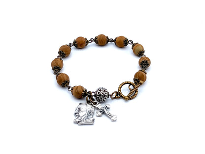 Saint Padre Pio unique rosary beads single decade rosary bracelet with sand wood gemstone and silver beads, silver crucifix and medal and brass toggle clasp. 