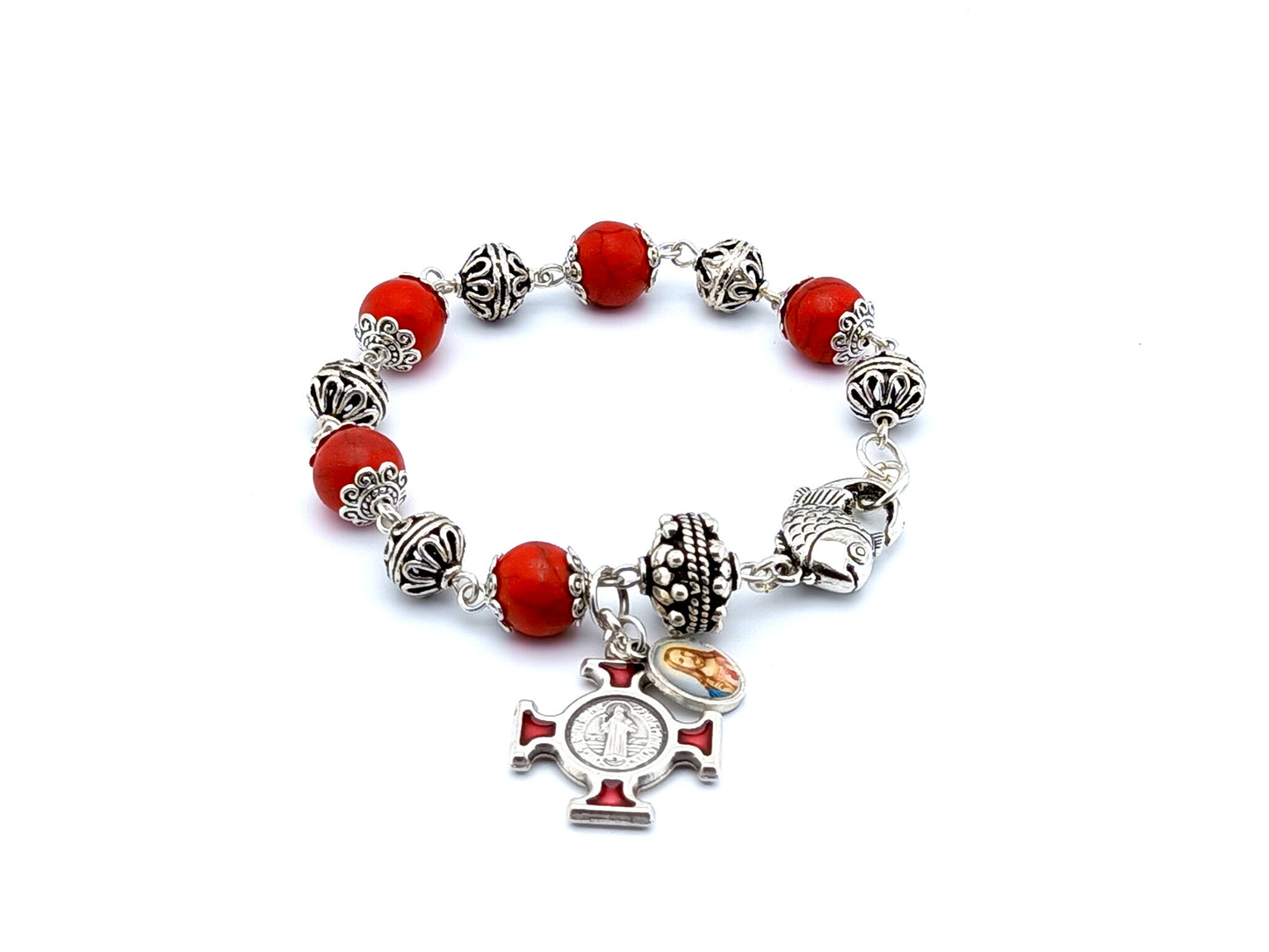 Saint Benedict unique rosary beads single decade rosary bracelet with red howlite and silver beads, red enamel cross and Sacred Heart medal.