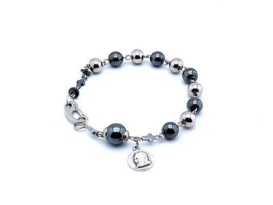 Padre Pio unique rosary beads single decade rosary bracelet with hematite gemstone beads, stainless steel clasp and beads.