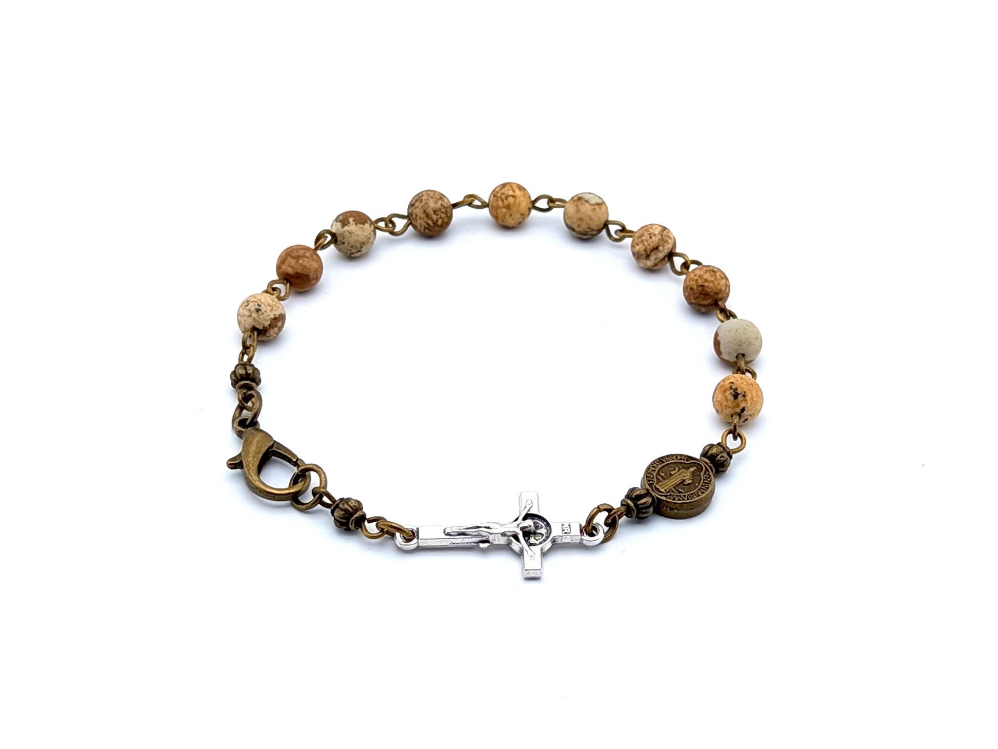 Saint Benedict unique rosary beads single decade rosary bracelet with natural jasper gemstone beads, Saint Benedict linking crucifix and brass lobster clasp and medal.