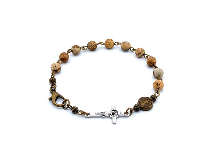 Saint Benedict unique rosary beads single decade rosary bracelet with natural jasper gemstone beads, Saint Benedict linking crucifix and brass lobster clasp and medal.
