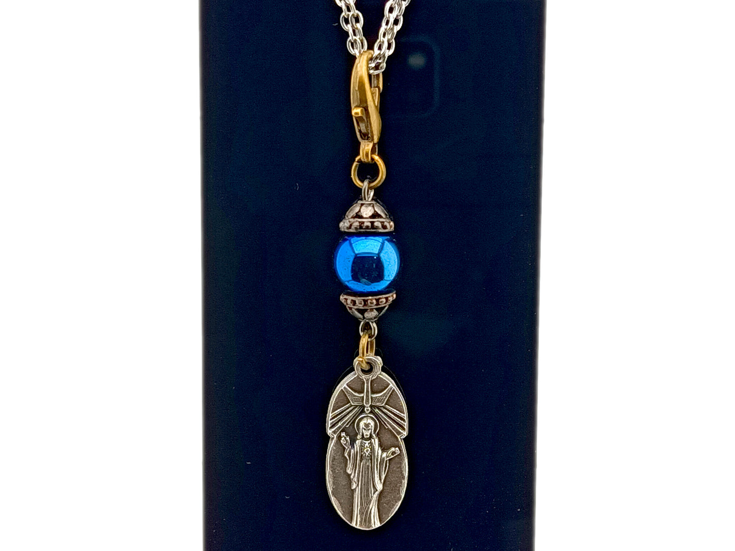 Sacred Heart and Our Lady of Mount Carmel unique rosary beads purse clip keychain with blue hematite gemstone bead and brass 6mm lobster clasp.