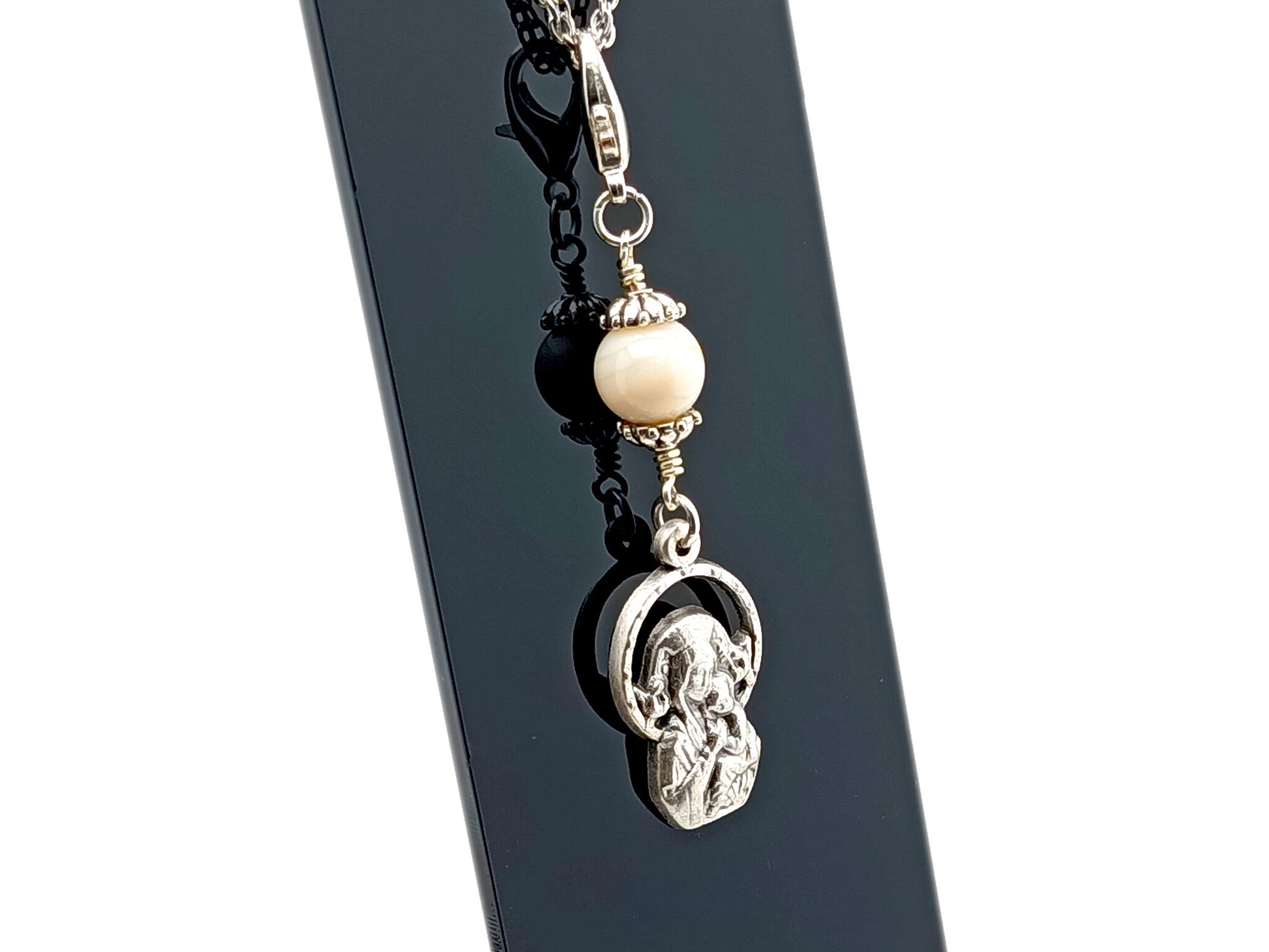 Immaculate Conception unique rosary beads purse clip key chain with mother of pearl bead in unbreakable wire wrapped style with lobster clasp.