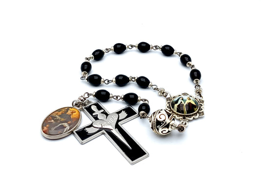 Saint Terese of Avila unique rosary beads single decade rosary with black wooden and silver beads, silver and black enamel Holy Sprit crucifix and picture centre medal.