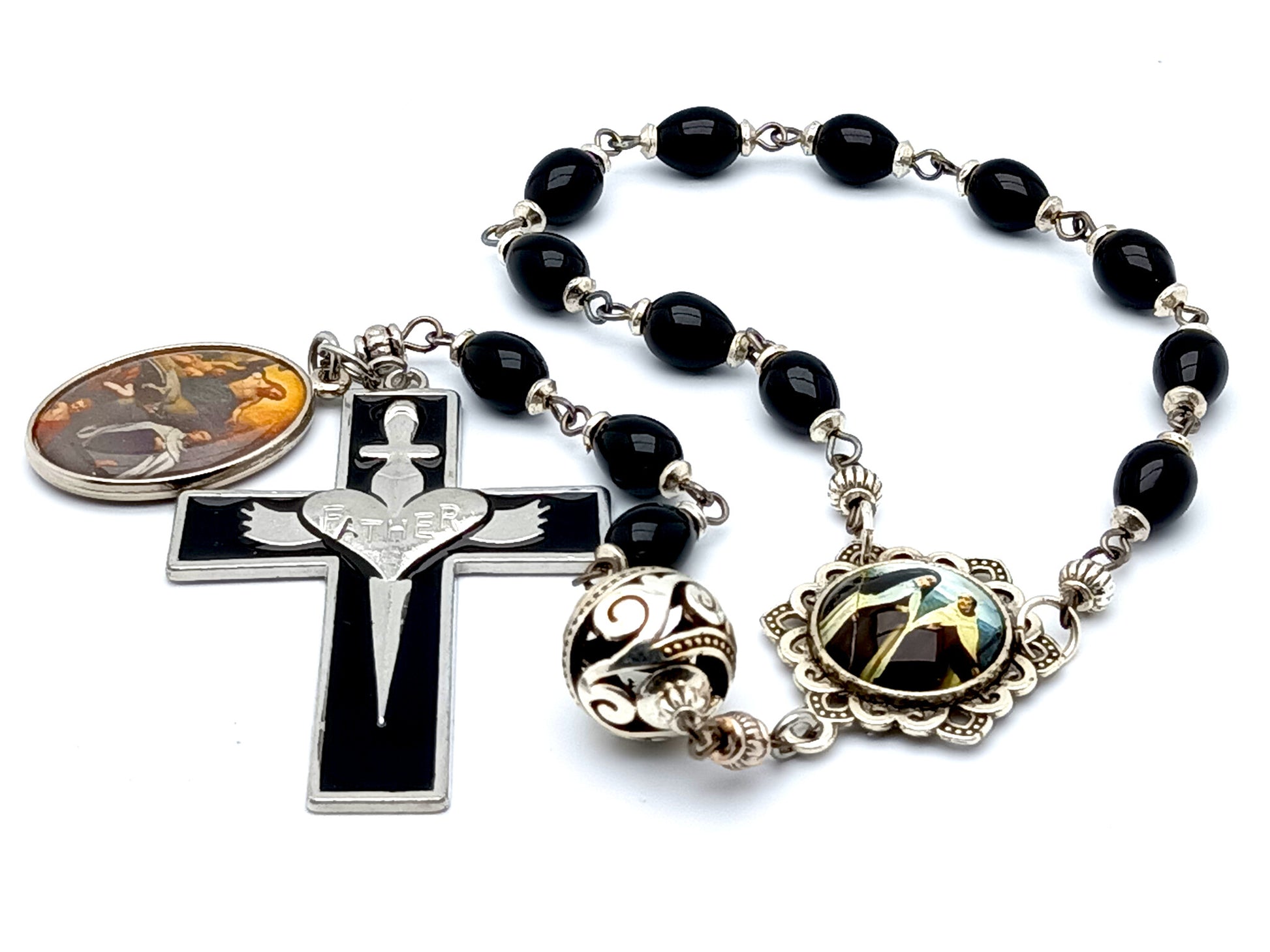 Saint Terese of Avila unique rosary beads single decade rosary with black wooden and silver beads, silver and black enamel Holy Sprit crucifix and picture centre medal.