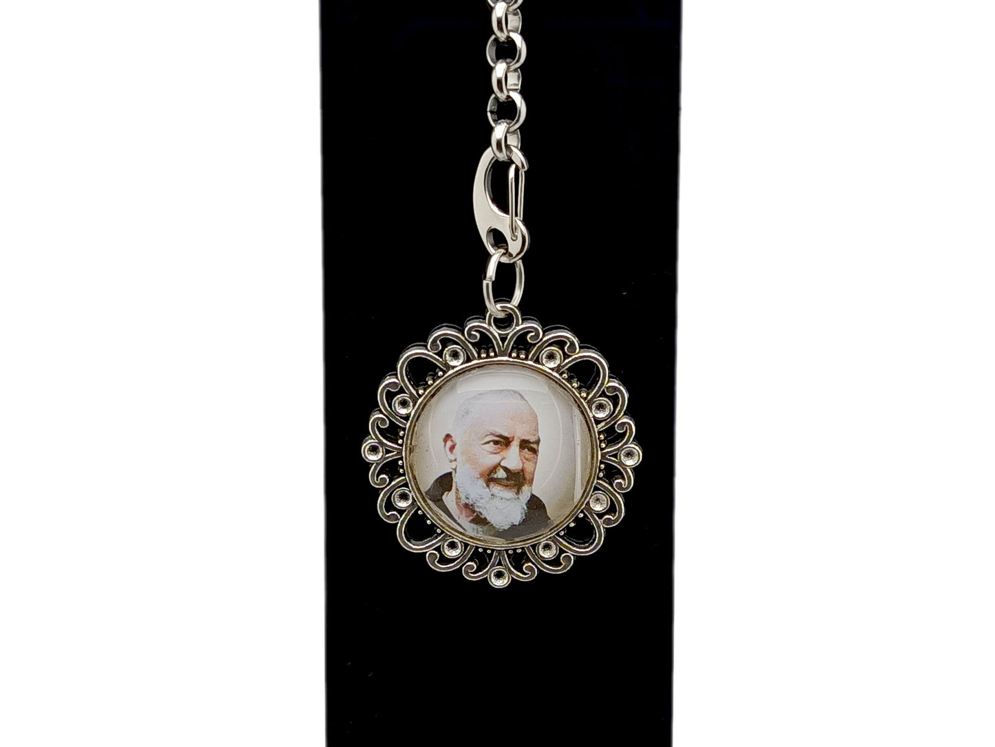 Padre Pio unique rosary beads purse clip key chain with stainless steel lobster clasp.