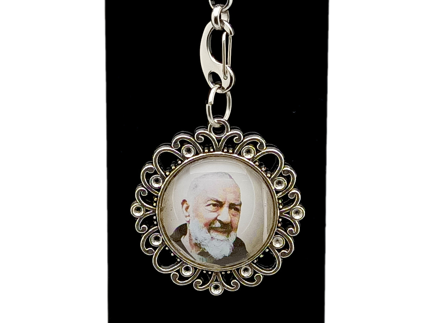 Padre Pio unique rosary beads purse clip key chain with stainless steel lobster clasp.