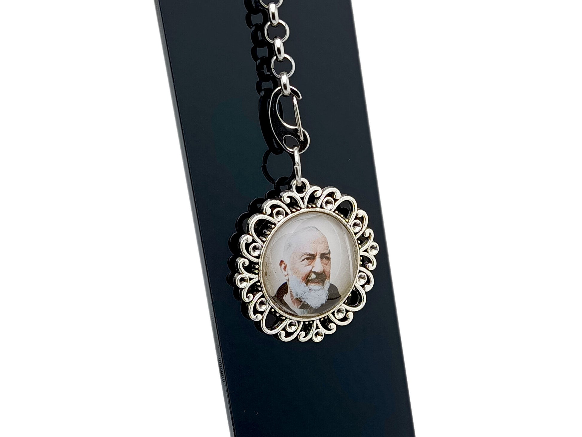 Padre Pio unique rosary beads purse clip key chain with stainless steel lobster clasp.
