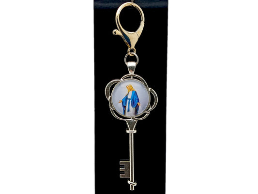 Our Lady of Grace unique rosary beads domed picture medal purse clip key chain with a rose patterned key frame.
